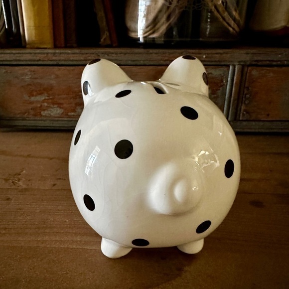 CHILDS PIGGY BANK, WHITE CERAMIC WITH BLACK POLKA DOT. RUBBER STOPPER ON BOTTOM. - Picture 3 of 6